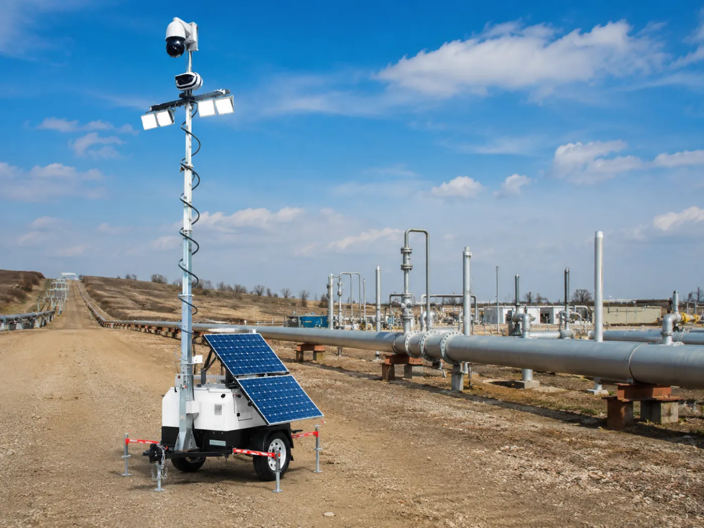 AutoGuard Solar Trailer guarding a pipeline laydown yard