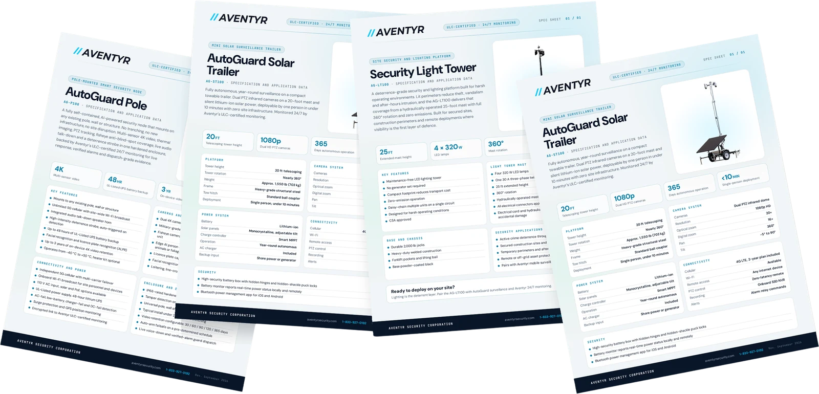AutoGuard spec sheets: Pole, Solar Trailer and Security Light Tower